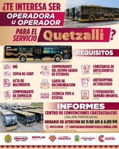 Abren convocatoria para operadores del transporte Quetzalli en Coatzacoalcos