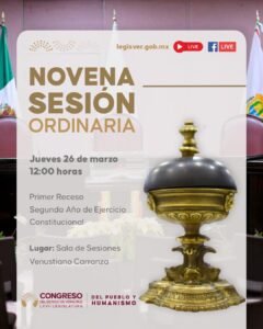 Congreso de Veracruz realizará Novena Sesión Ordinaria este 26 de marzo