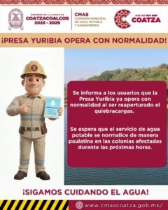 Restablecen operación en la presa Yuribia; suministro de agua se normalizará gradualmente