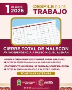 Cerrarán malecón de Coatzacoalcos por desfile del Día del Trabajo
