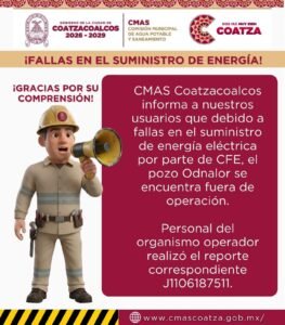 CMAS Coatzacoalcos informa baja presión de agua en tres sectores por fallas eléctricas