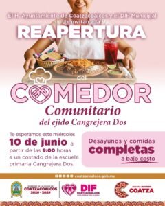 Reabrirán tercer comedor comunitario en el ejido Cangrejera Dos