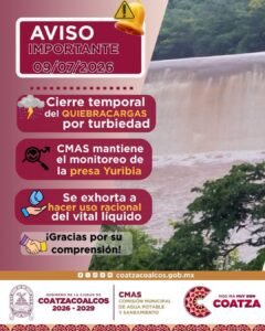 CMAS realiza nuevo cierre del quiebracargas de la presa Yuribia por alta turbiedad