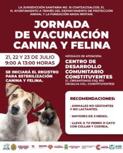 Invitan a jornada de vacunación antirrábica para perros y gatos en Coatzacoalcos