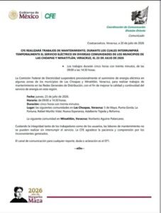 CFE suspenderá el servicio de energía este jueves en comunidades de Las Choapas y Minatitlán