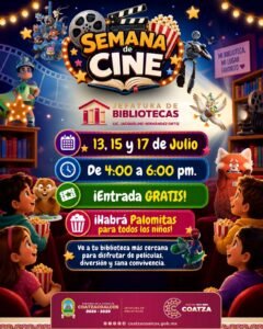 Bibliotecas de Coatzacoalcos ofrecerán Semana de Cine gratuita para niñas y niños durante julio