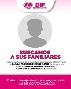 DIF Coatzacoalcos busca a familiares de Juan Francisco Muñoz Matus
