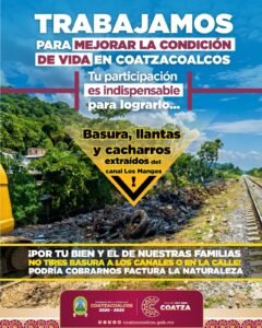 Retiran basura, llantas y cacharros del canal Los Mangos en Coatzacoalcos