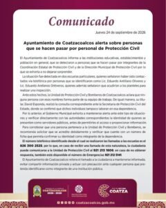 Ayuntamiento de Coatzacoalcos alerta por personas que se hacen pasar por personal de Protección Civil